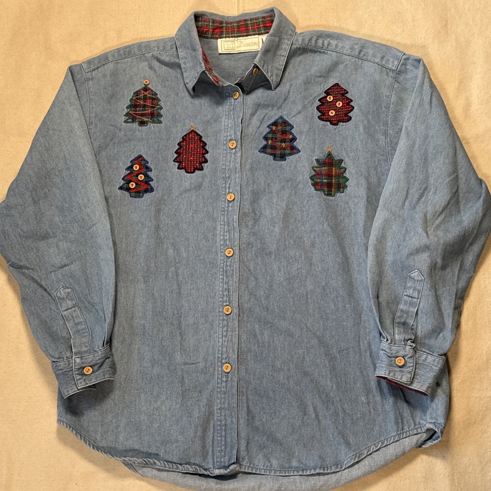 Vintage Denim Christmas Shirt, Embroidered Women's Medium